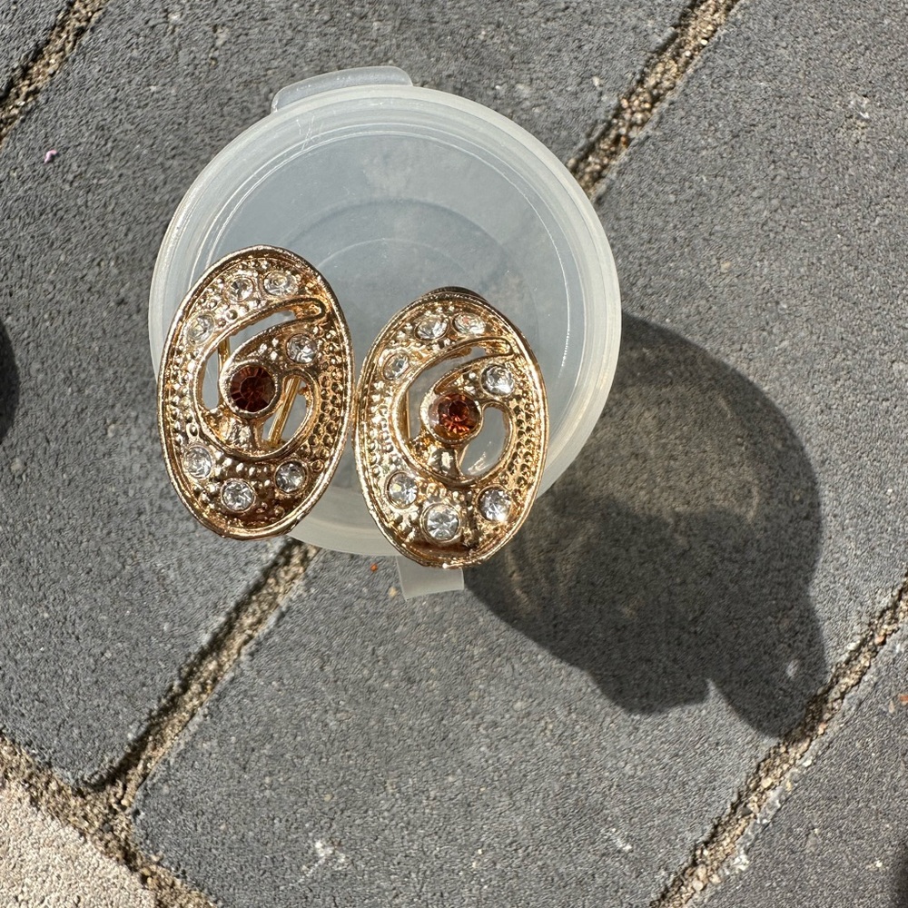 Gold and Brown Swirl Earrings with Crystal Embellishments
